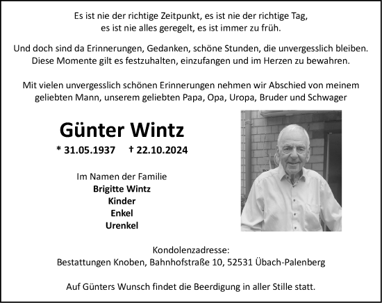 Traueranzeige von Günter Wintz von Zeitung am Sonntag