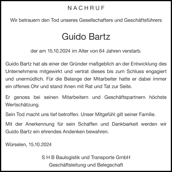 Traueranzeige von Guido Bartz von Zeitung am Sonntag