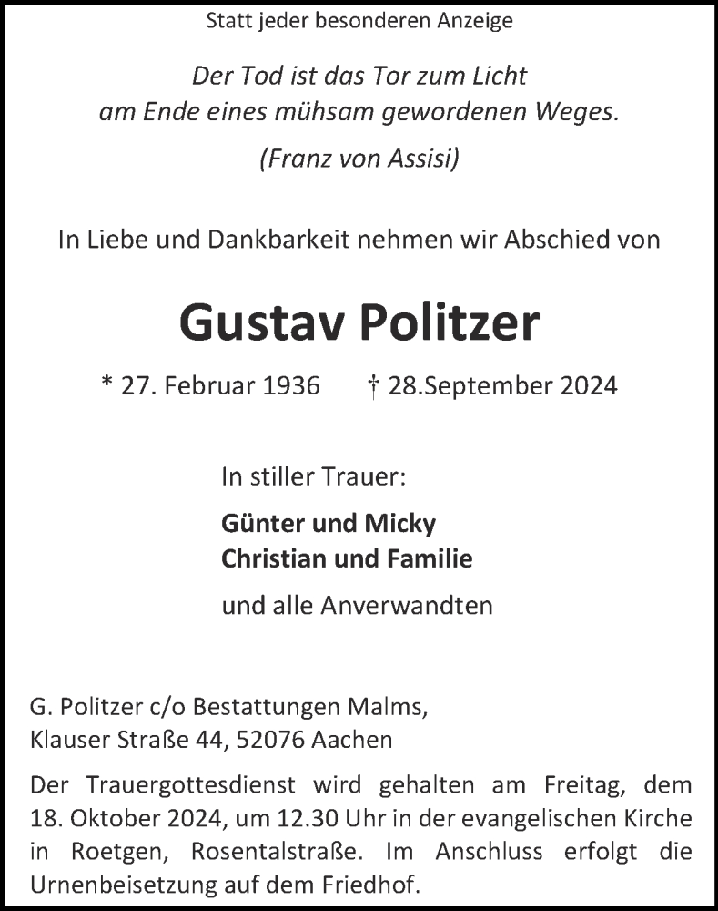 Traueranzeigen von Gustav Politzer Aachen gedenkt