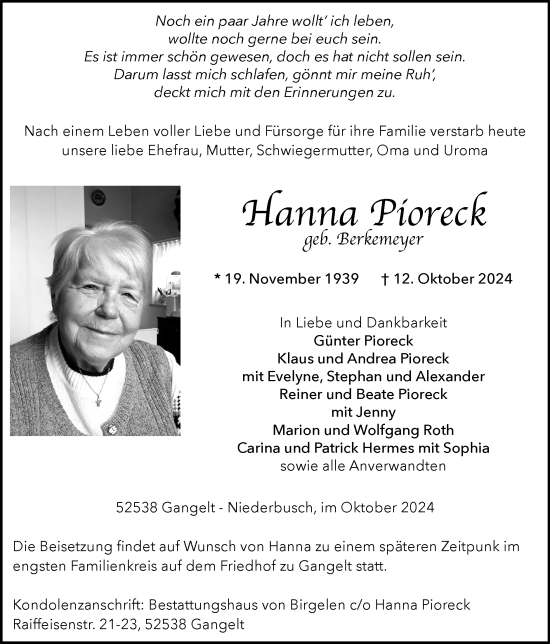 Traueranzeige von Hanna Pioreck von Zeitung am Sonntag