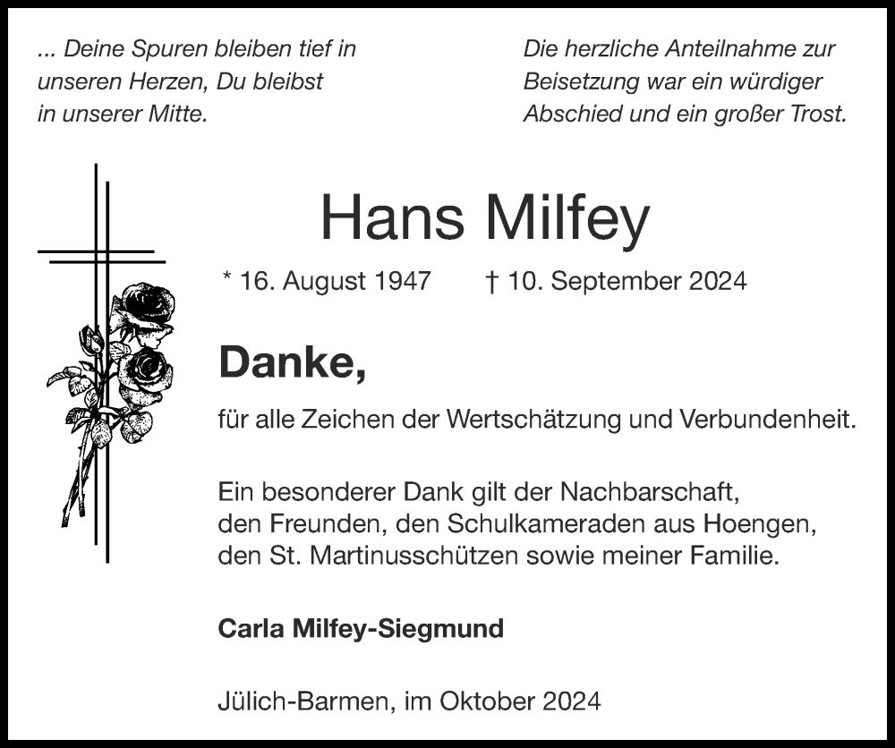  Traueranzeige für Hans Milfey vom 13.10.2024 aus Zeitung am Sonntag