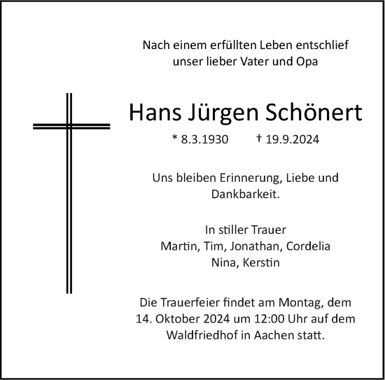 Traueranzeige von Hans Jürgen Schönert von Aachener Zeitung