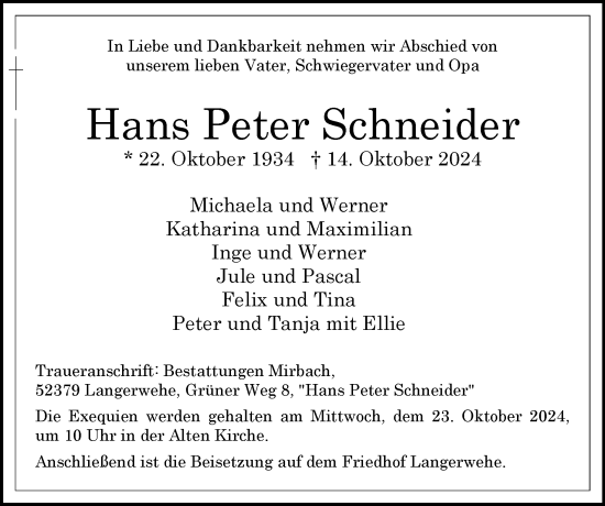 Traueranzeige von Hans Peter Schneider von Zeitung am Sonntag