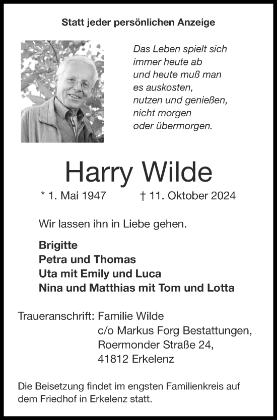 Traueranzeige von Harry Wilde von Zeitung am Sonntag