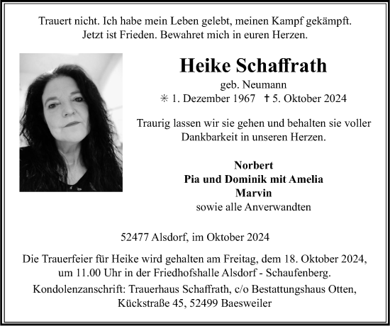 Traueranzeige von Heike Schaffrath von Zeitung am Sonntag