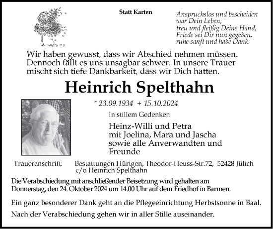 Traueranzeige von Heinrich Spelthahn von Zeitung am Sonntag