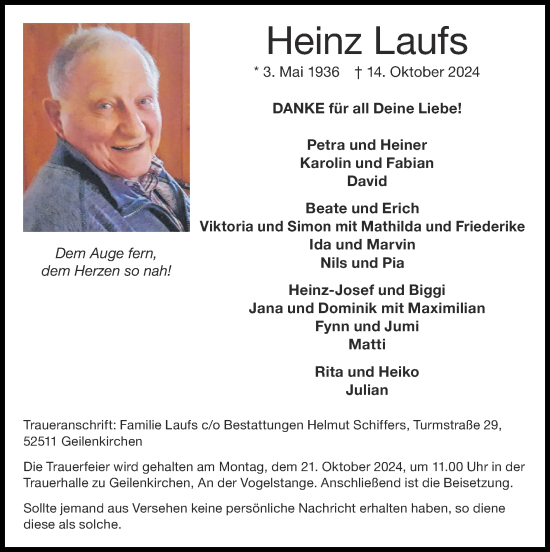 Traueranzeige von Heinz Laufs von Zeitung am Sonntag