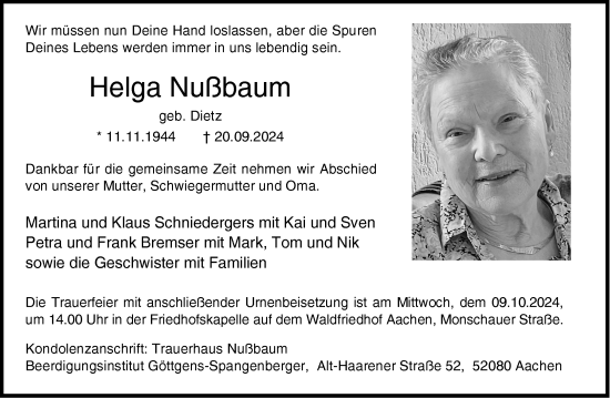 Traueranzeige von Helga Nußbaum von Aachener Zeitung