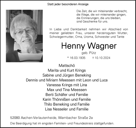 Traueranzeige von Henny Wagner von Aachener Zeitung