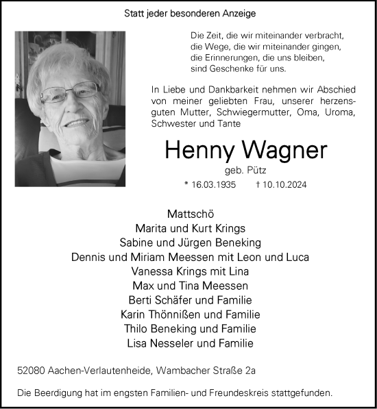 Traueranzeige von Henny Wagner von Zeitung am Sonntag