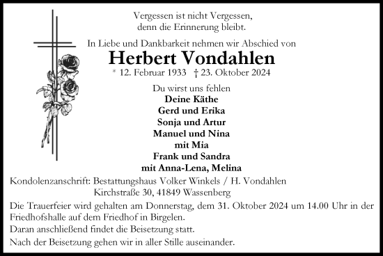 Traueranzeige von Herbert Vondahlen von Zeitung am Sonntag