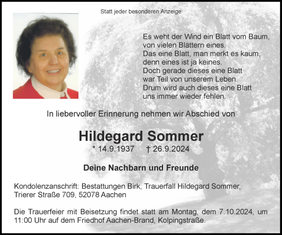 Traueranzeige von Hildegard Sommer von Zeitung am Sonntag