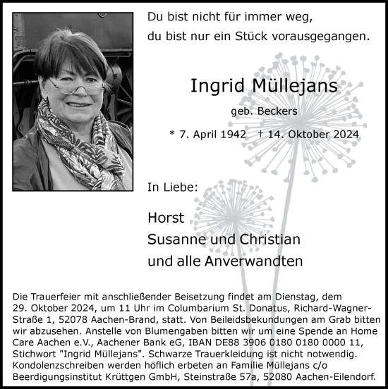 Traueranzeige von Ingrid Müllejans von Zeitung am Sonntag