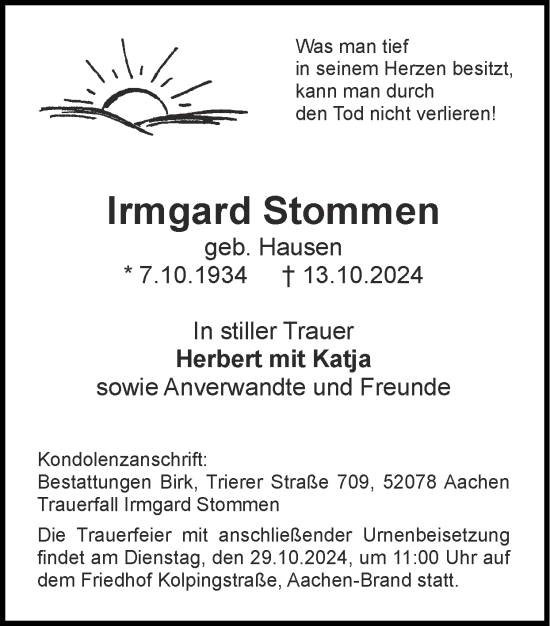 Traueranzeige von Irmgard Stommen von Zeitung am Sonntag