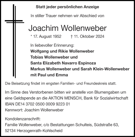 Traueranzeige von Joachim Wollenweber von Aachener Zeitung