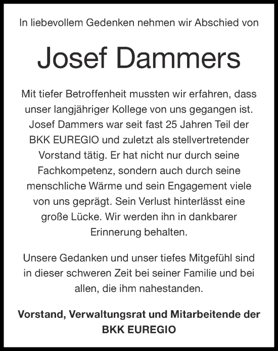 Traueranzeige von Josef Dammers von Zeitung am Sonntag