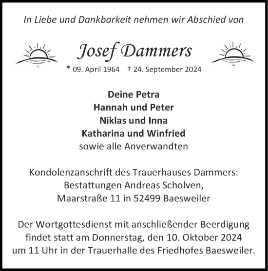 Traueranzeige von Josef Dammers von Zeitung am Sonntag