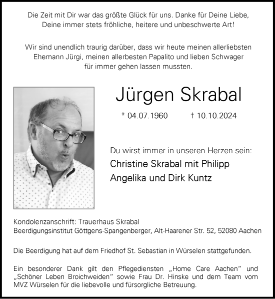 Traueranzeige von Jürgen Skrabal von Zeitung am Sonntag