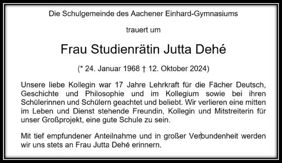 Traueranzeige von Jutta Dehe von Aachener Zeitung