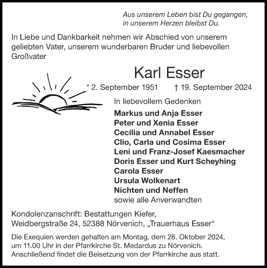 Traueranzeige von Karl Esser von Zeitung am Sonntag