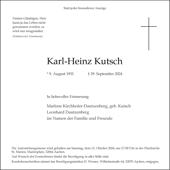 Traueranzeige von Karl-Heinz Kutsch von Aachener Zeitung