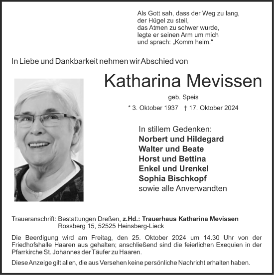 Traueranzeige von Katharina Mevissen von Zeitung am Sonntag