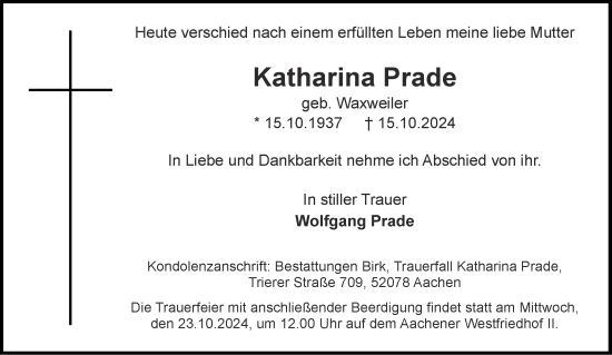 Traueranzeige von Katharina Prade von Aachener Zeitung