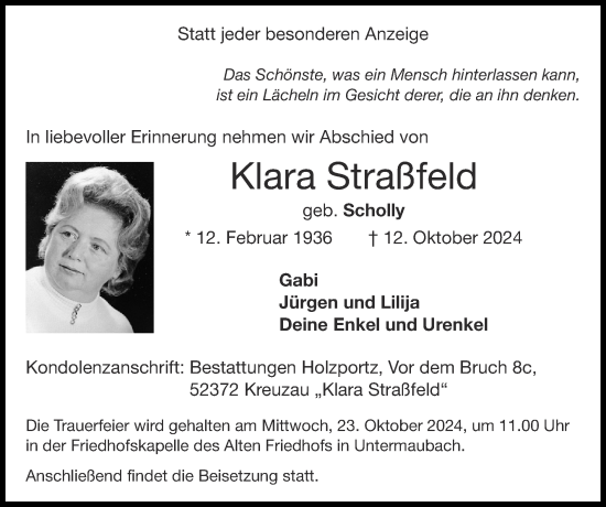 Traueranzeige von Klara Straßfeld von Zeitung am Sonntag