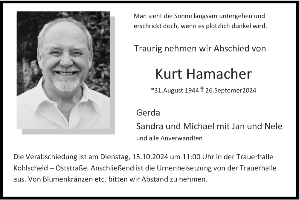  Traueranzeige für Kurt Hamacher vom 13.10.2024 aus Zeitung am Sonntag