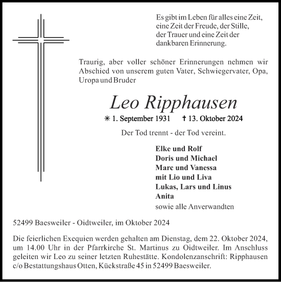 Traueranzeige von Leo Ripphausen von Zeitung am Sonntag