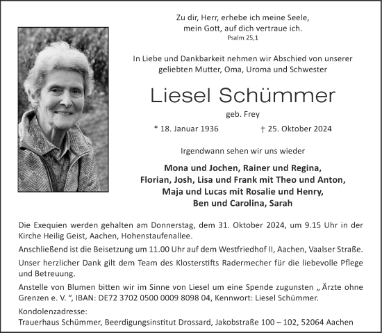 Traueranzeige von Liesel Schümmer von Aachener Zeitung