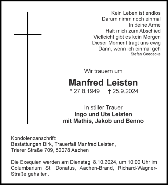 Traueranzeige von Manfred Leisten von Aachener Zeitung