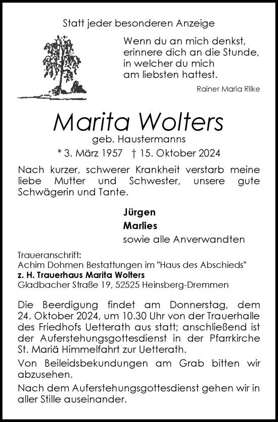 Traueranzeige von Marita Wolters von Zeitung am Sonntag