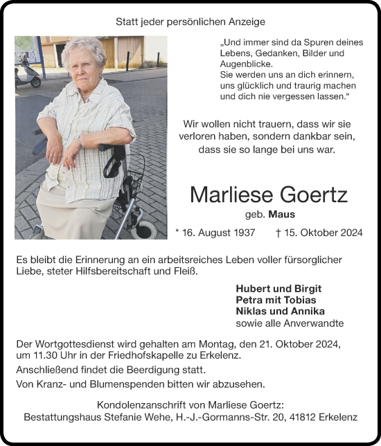 Traueranzeige von Marliese Goertz von Zeitung am Sonntag