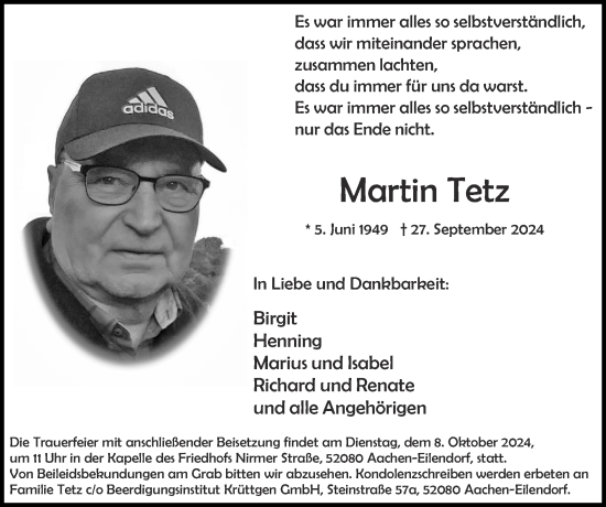 Traueranzeige von Martin Tetz von Zeitung am Sonntag