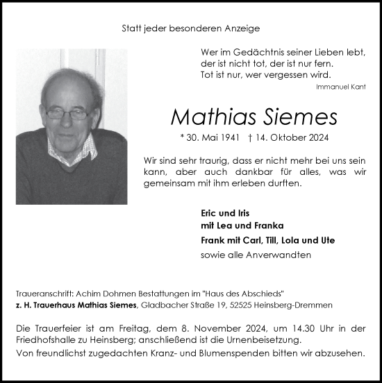 Traueranzeige von Mathias Siemes von Zeitung am Sonntag