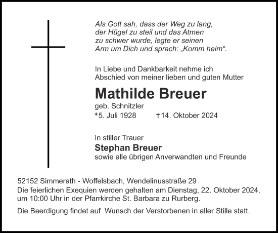 Traueranzeige von Mathilde Breuer von Zeitung am Sonntag