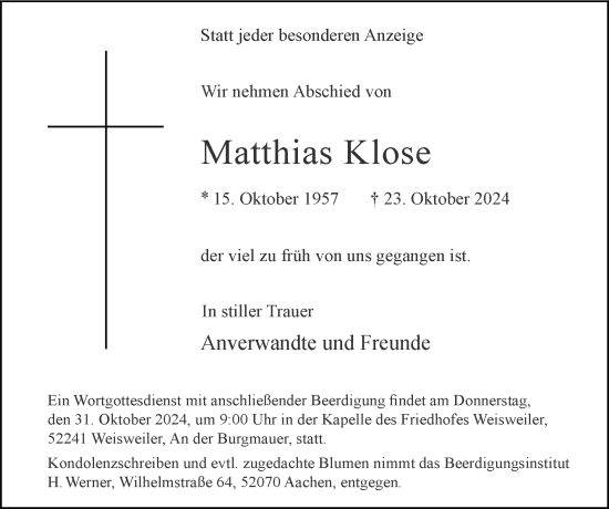 Traueranzeige von Matthias Klose von Zeitung am Sonntag