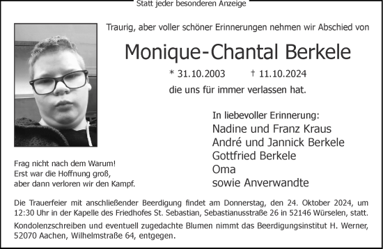 Traueranzeige von Monique-Chantal Berkele von Zeitung am Sonntag