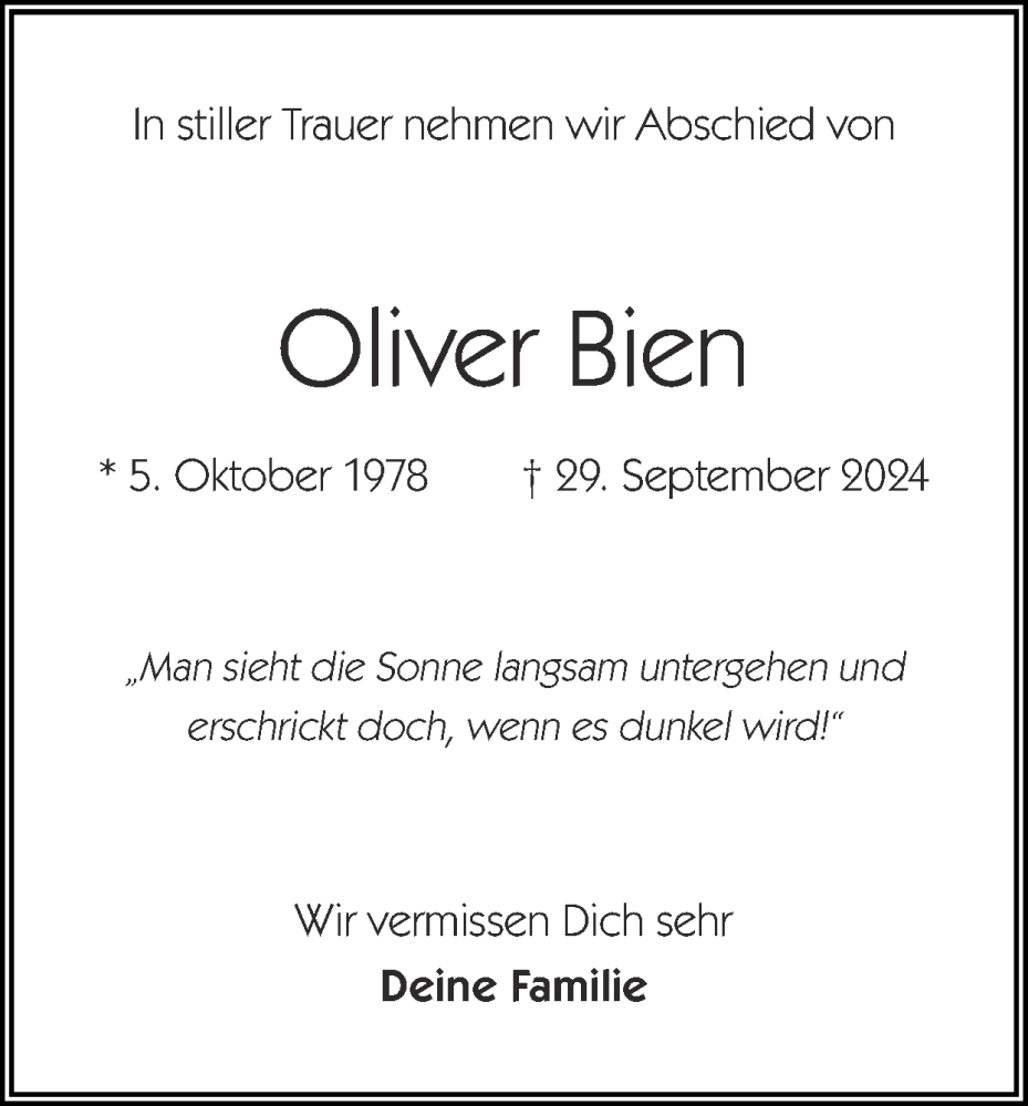  Traueranzeige für Oliver Bien vom 13.10.2024 aus Zeitung am Sonntag