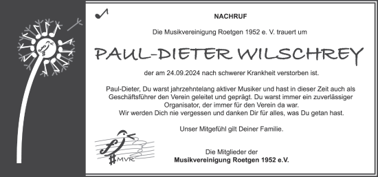 Traueranzeige von Paul-Dieter Wilschrey von Zeitung am Sonntag