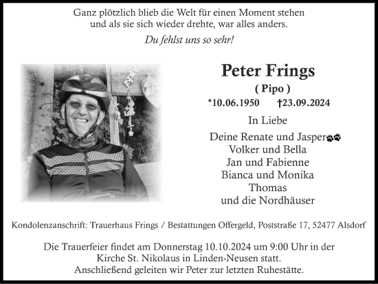 Traueranzeige von Peter Frings von Zeitung am Sonntag