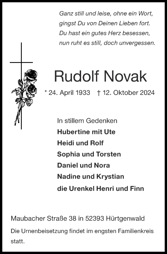 Traueranzeige von Rudolf Novak von Zeitung am Sonntag