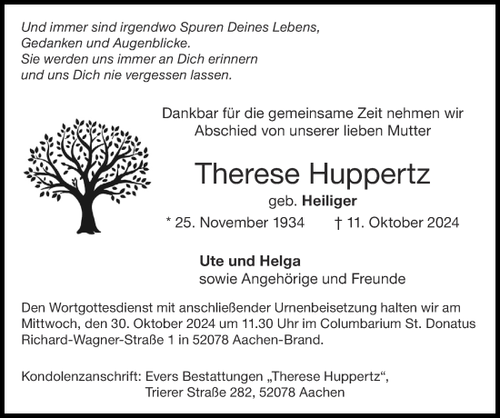 Traueranzeige von Therese Huppertz von Zeitung am Sonntag