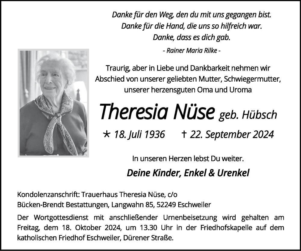  Traueranzeige für Theresia Nüse vom 13.10.2024 aus Zeitung am Sonntag