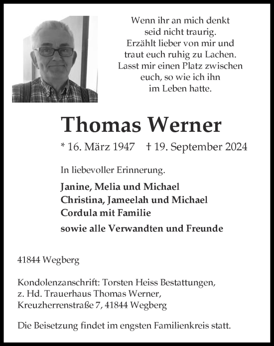 Traueranzeige von Thomas Werner von Zeitung am Sonntag