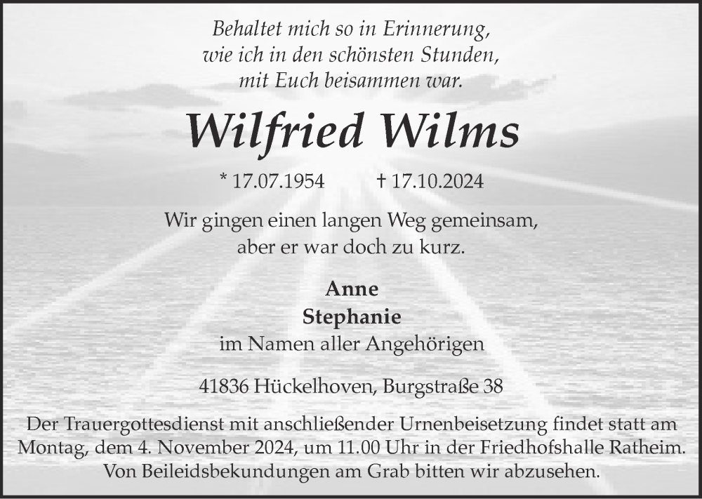  Traueranzeige für Wilfried Wilms vom 27.10.2024 aus Zeitung am Sonntag