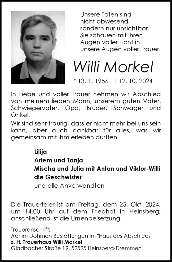 Traueranzeige von Willi Morkel von Zeitung am Sonntag