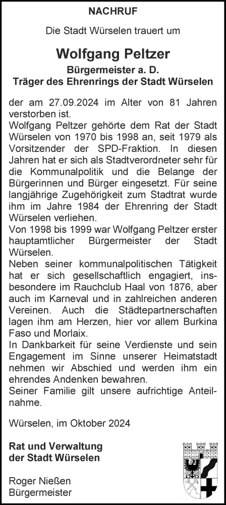 Traueranzeige von Wolfgang Peltzer von Zeitung am Sonntag