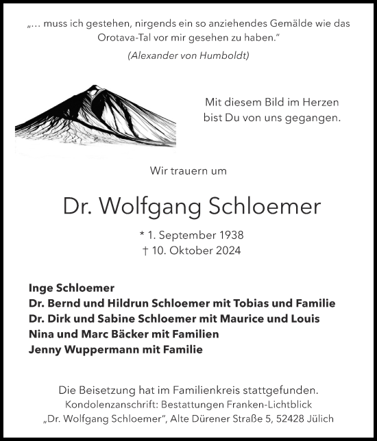 Traueranzeige von Wolfgang Schloemer von Zeitung am Sonntag